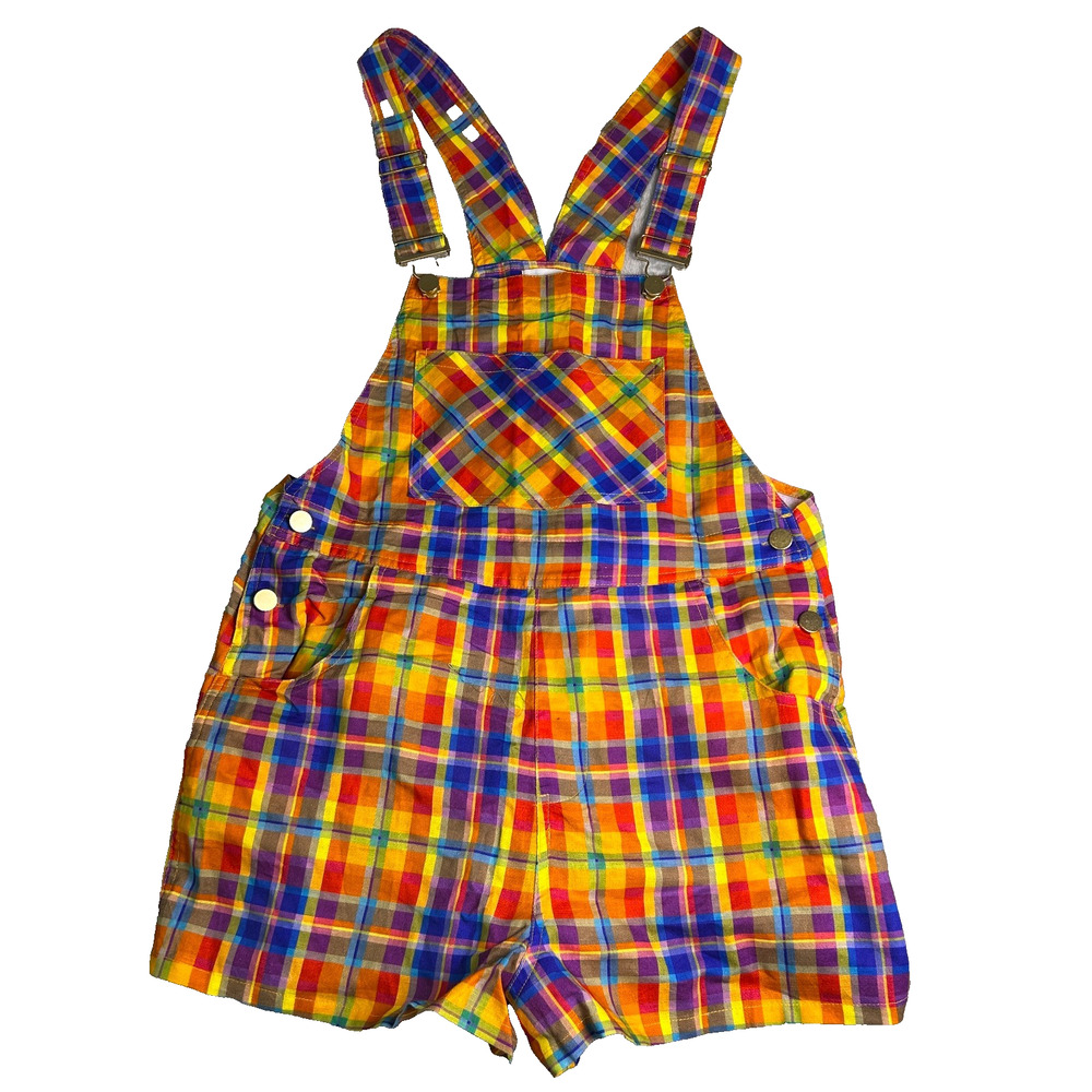 NWT WeWoreWhat Basic Overall Shorts Medium Rainbow Plaid Festival Adjustable